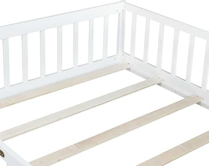 Bellemave Full Size Floor Bed with Slats and Safety Guardrail, Full Size Montessori Floor Bed with Fence and Door, Easy Assemble Montessori Beds for Kids, Girls, Boys, White