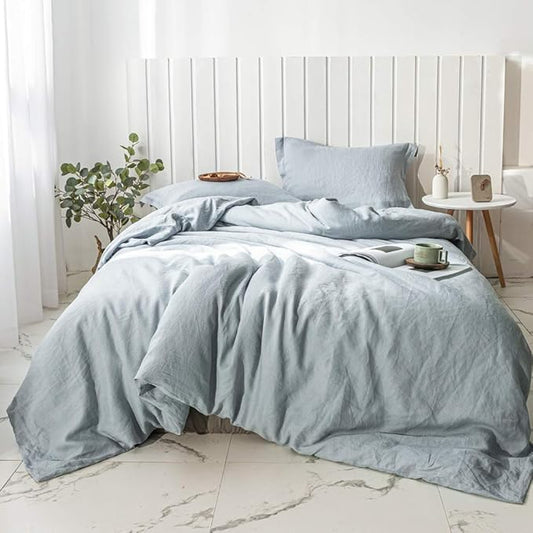 Simple&Opulence 100% Linen Duvet Cover Set 3pcs Basic Style Natural French Washed Flax Solid Color Soft Breathable Farmhouse Bedding with Button Closure - Dusty Blue, California King