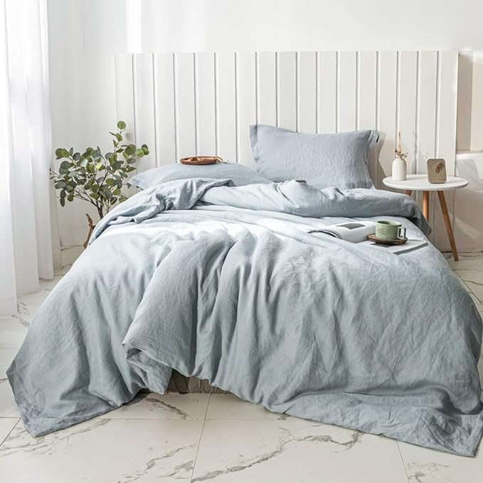 Simple&Opulence 100% Linen Duvet Cover Set 3pcs Basic Style Natural French Washed Flax Solid Color Soft Breathable Farmhouse Bedding with Button Closure - Dusty Blue, Full