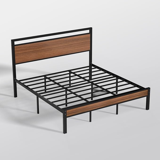 Z-hom King Metal Bed Frame with Wooden Headboard and Footboard, Heavy Duty Platform Frame with Metal Slats, No Box Spring Needed, Quiet and Non-Slip Design, Space Saving Bed Frame for Bedroom,Walnut