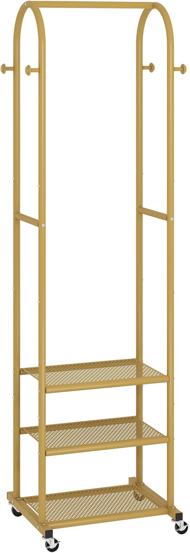 Kaitiemoo Heavy Duty Clothing Rack with Wheels,Modern Garment Rack with 3 Metal Shelves, 71.8Inches Display Rack for Hanging Clothes, Hanging Rod for Small Space,Gold