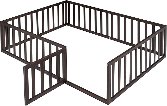 Bellemave Full Size Montessori Floor Bed with 21.7" High Rails, Pine,Plywood Floor Bed with Small Door, Walnut