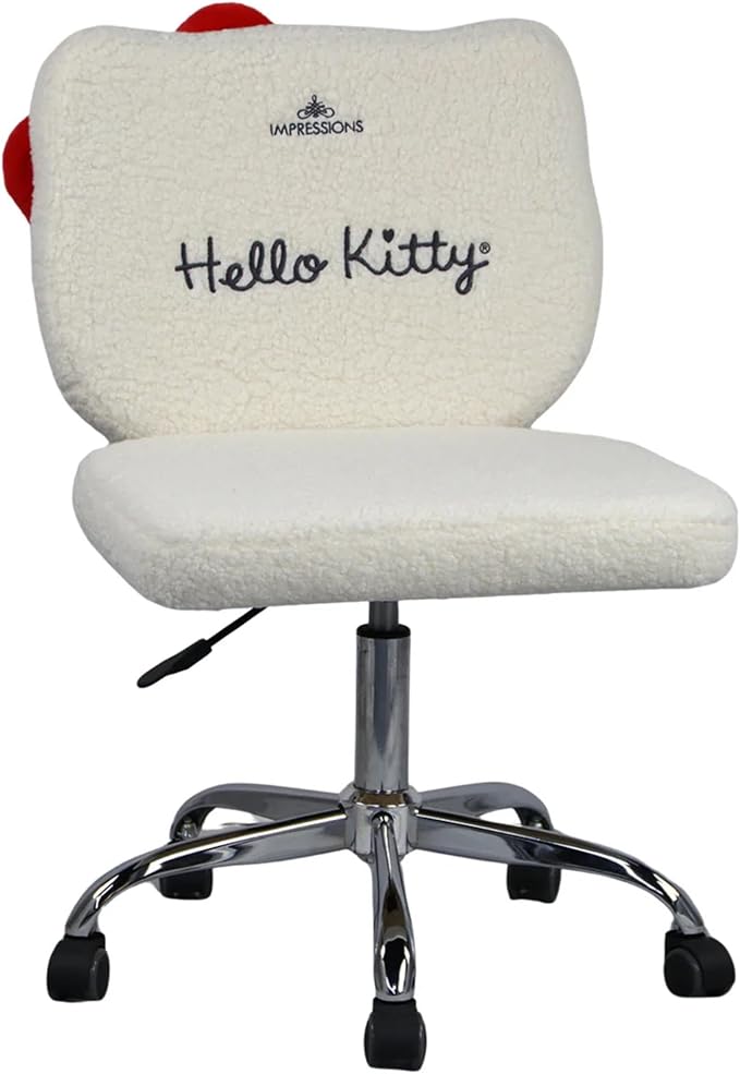 Impressions Vanity Hello Kitty Sherpa Swivel Vanity Chair for Makeup Desk, Armless Rolling Chair with Wheels, Adjustable Height, 360 Degree Swing, Comfy Foam Padded Seat and Backrest