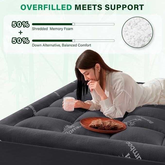 Anluoer Memory Foam Mattress Topper California King, Rayon Derived from Bamboo Pillow Top Mattress Topper for Hot Sleepers,Cooling Mattress Pad with 8-21" Deep Pocket, 72x84 Inches, Dark Grey