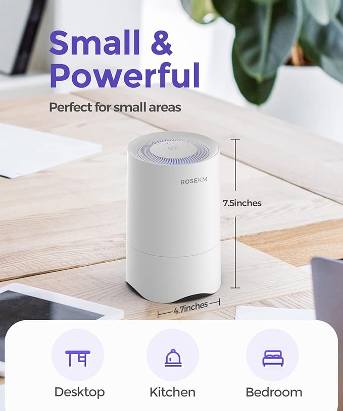 Rosekm Small Air Purifier for Home Bedroom, Personal Desk Mini Air Purifier, Room Hepa Air Purifier Fresheners Cleaner for Dorm, Pets, Smoke, Desktop, Office (2 Pack)