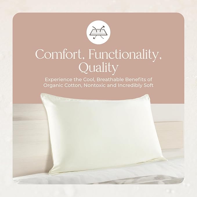 Organic Cotton Pillow Protector - 100% Waterproof Pillow Protector Queen Size GOTS & Fairtrade Certified - 140GSM Hypoallergenic Machine Washable Breathable Cover with Edge Piping - 2 Pack (Queen)