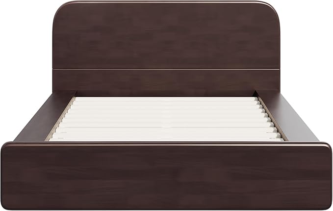 Merax Walnut Queen Size Platform Bed Frame, Modern Minimalist Wood Bed Frame with Rounded Headboard, Heavy Duty 800 lbs Support, No Box Spring Needed