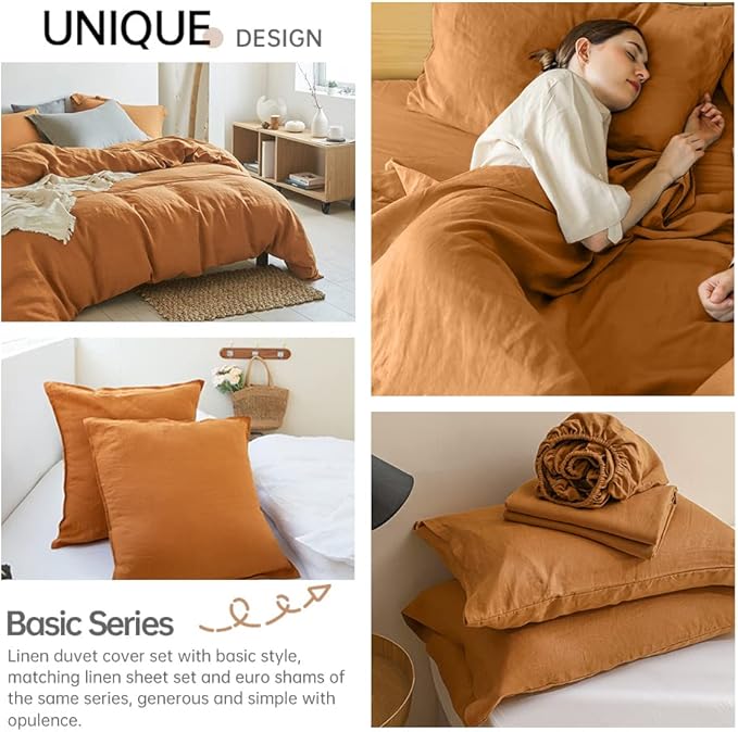 Simple&Opulence 100% Linen Duvet Cover Set 3pcs Basic Style Natural French Washed Flax Solid Color Soft Breathable Farmhouse Bedding with Button Closure - Rust, King