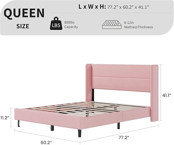 Garvee Queen Size Bed Frame with Wingback Headboard, Velvet Upholstered Platform Bedframe with Wood Slats, No Box Spring Needed, Easy Assembly, Pink