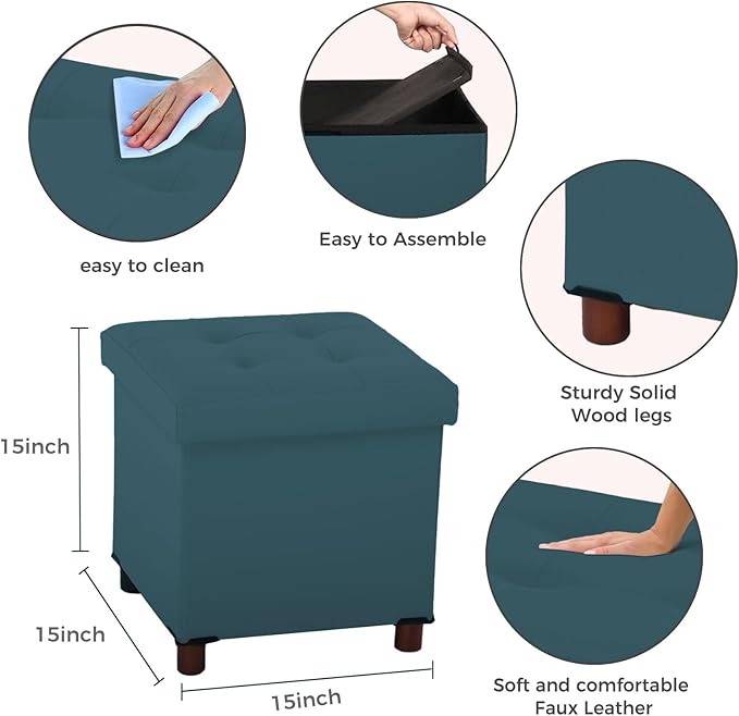 Dorriss Storage Ottoman, Ottoman with Storage for Living Room Ottoman Square Tray Bedroom Cube Foot Rest Stool with Legs Small Ottomans Coffee Table Lid Foldable Footstool Faxu Leather 15"