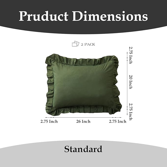 Ruffle Pillow Cases Standard Size Set of 2 –Soft Wrinkle Resistant Brushed Microfiber Ruffled Pillowcases –Envelope Pillow Shams Cover Festive Gift for Hotels,Rooms 20x26 Inch (Olive Green)