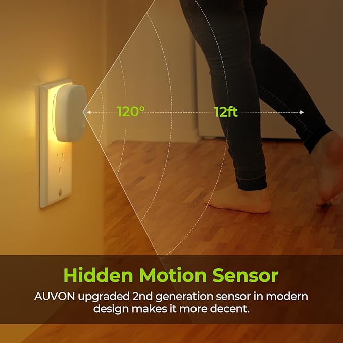 AUVON Plug-in LED Backlit Night Light with Motion Sensor & Dusk to Dawn Sensor, 2200K Soft Warm White Nightlight with 1-50lm Dimmable Brightness for Adults & Kids' Bedroom, Bathroom, Hallway (4 Packs)