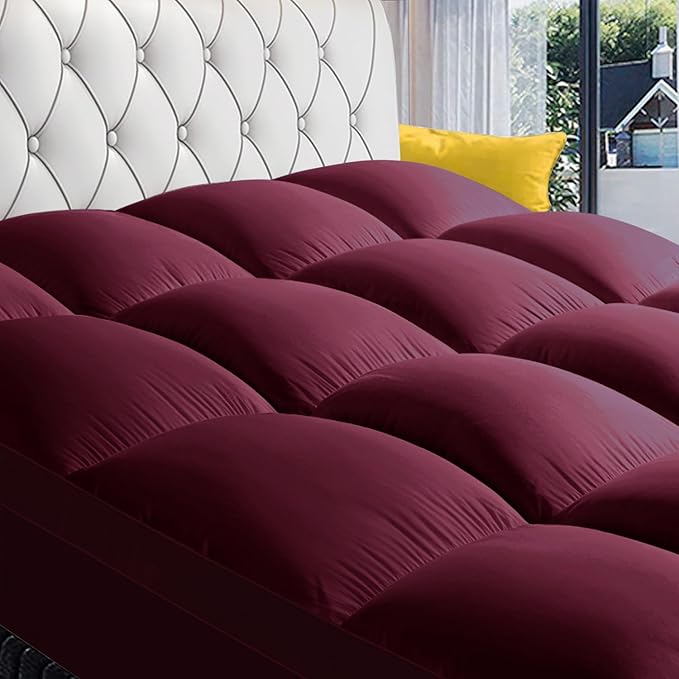 COONP King Mattress Topper, Extra Thick Pillowtop, Cooling Plush Mattress Pad Cover Bed Topper Protector with 8-21 Inch Deep Pocket (Burgundy, King)