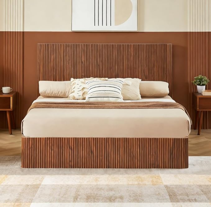 Bellemave Queen Lift Up Storage Bed, Walnut Wood Lift Up Bedframe Queen, Wooden Corrugated Curved Lines, Hydraulic Storage,Walnut