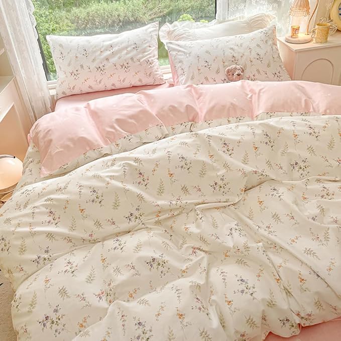 Nayoroom Floral Duvet Cover King Size Girls Pink White Botanical Flower Coquette Bedding Set 3 Pieces Soft Breathable Garden Cottagecore Aesthetic Comforter Cover with Pillow Shams