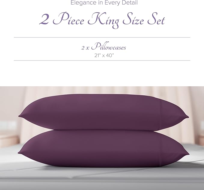 Carressa Linen 100% Egyptian Cotton King Size Pillow Cases Set of 2 - Luxury 600 Series Hydrangeas Collection King Pillowcases (Plum), Soft Cooling, Sateen Weave Hotel Quality Bed Pillow Cover
