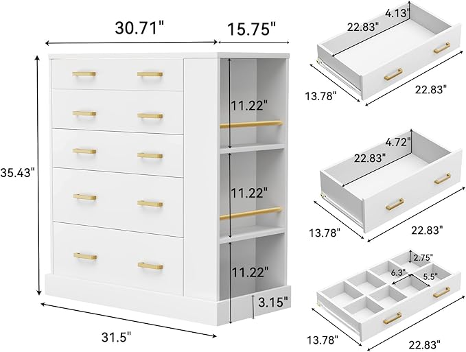 Closet Island with Open Shelves, Modern Glass Top Dresser with LED Lights, Tall Chest of Drawers with Jewelry Organizer for Bedroom,Living Room, Bedroom, Hallway, Entryway, White