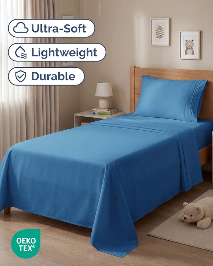 Twin Size 3 Piece Sheet Set - Comfy Breathable & Cooling Sheets - Hotel Luxury Bed Sheets for Women & Men - Deep Pockets, Easy-Fit, Soft & Wrinkle Free Sheets - Denim Blue Oeko-Tex Bed Sheet Set