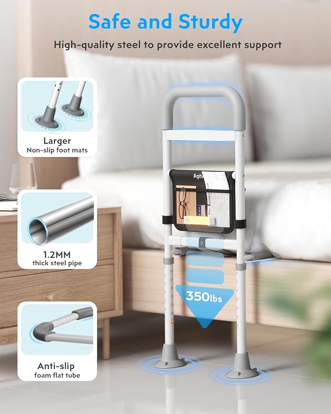 Bed Rails for Elderly Adults Safety - ASTM Compliant, 350 lb Heavy Duty Bed Assist Rail for Seniors, Adjustable Bed Cane with Non Slip Handle, Light & Pouch, Fits Twin Full Queen King Grey