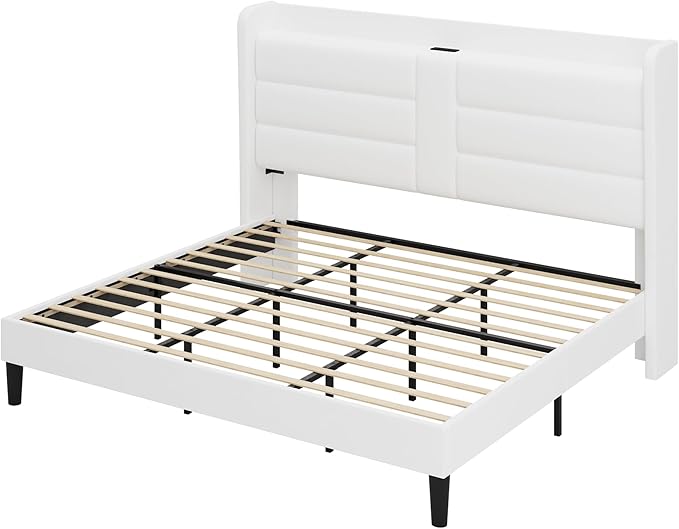 Allewie King Size Platform Bed Frame with Charging Station & Storage Headboard, Upholstered Velvet Wingback Design & USB Port, Strong Wooden Slats Support, No Box Spring Needed, Easy Assembly, White