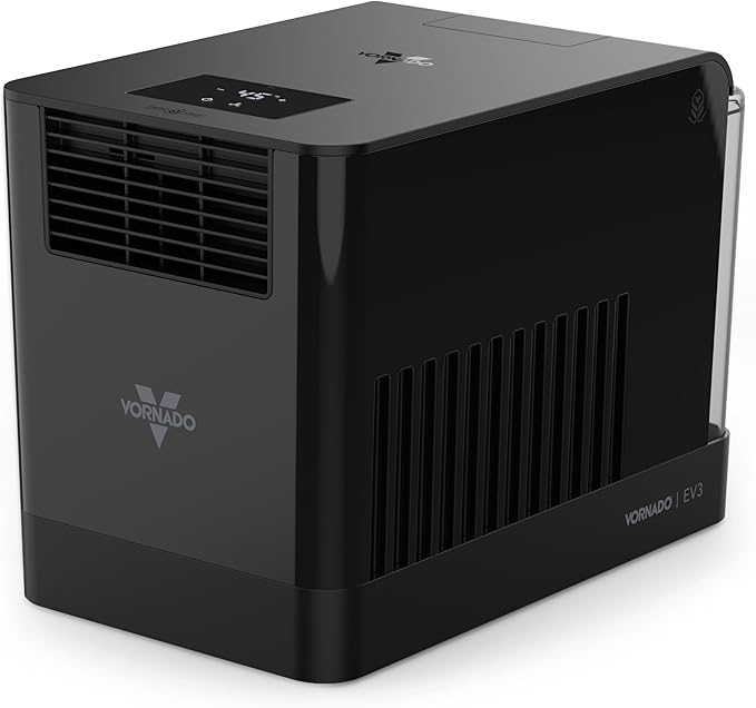 Vornado EV3 Whole Room Evaporative Humidifier, 1.5 gal Capacity, Electronic Humidistat, Top Fill, 54-Hour Run Time, 10 Speed Settings, Energy Efficient, 2 Antimicrobial Wicks, Easy To Clean, Black
