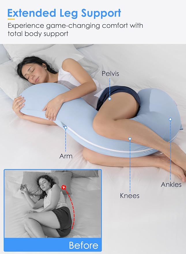 QUEEN ROSE Cooling Body Pillow, Full Body Support Pillow for Side Sleepers, Soft S Shaped Hug Pillow for Adults, with Removable Pillowcase, Blue