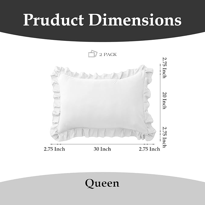 Ruffle Pillow Cases Queen Size Set of 2 – Soft Wrinkle Resistant Brushed Microfiber Ruffled Pillowcases –Envelope Pillow Shams Cover Festive Gift for Hotels,Guest Rooms 20x30 Inch (White)