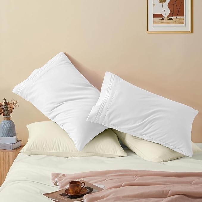 Vonty 2 Pack King Pillow Cases - 20x40 Inch, 1800 Thread Count Microfiber Pillowcases King Size White Pillow Cases Luxury & Soft Embroidered Bed Pillow Covers with Envelope Closure