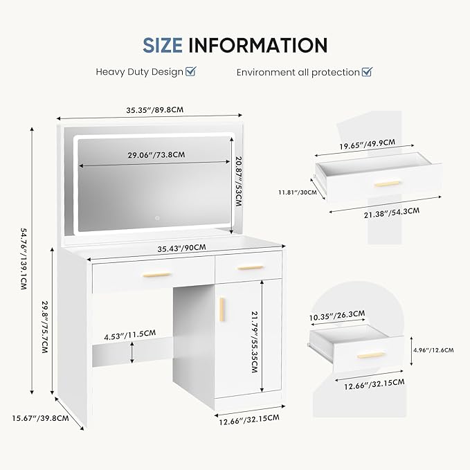DUMOS Vanity Desk with 35.4" LED Mirror and Lights, Makeup Vanity Table with Charging Station (2AC/USB/C), 2 Drawers & Large Cabinet, 3 Lighting Color Adjustable, Modern Dressing Table, White