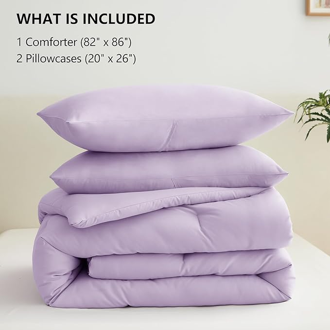 CozyLux Lavender Full Size Comforter Set, 3 Pieces Light Purple Solid Breathable Quilted Boho Bedding Sets, Luxury Fluffy Soft Bed Set with Down Alternative Comforter and 2 Pillowcases for All Season