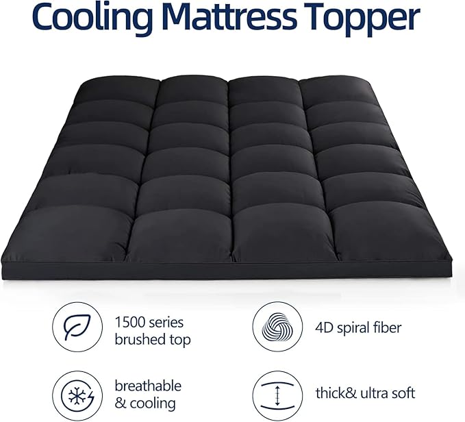 Mattress Topper King for Back Pain, Extra Thick Mattress Pad Cover, Plush Pillow Top, Deep Elastic Pocket, Black