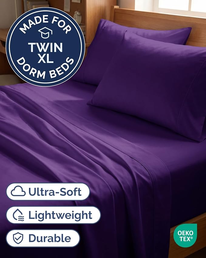 Twin XL 4 Piece Sheet Set - Comfy, Breathable & Cooling - Hotel Luxury Bedding for Women, Men, Kids, Teens & Children - 1 Flat & 1 Fitted Sheet & 2 Pillowcases w/ Deep Pockets - Wrinkle Free - Purple