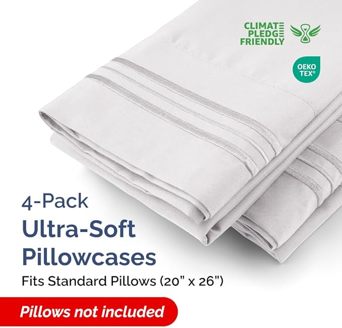 Standard Pillow Cases Set of 4 - Ultra Soft Hotel Quality Pillowcase Covers - Comfy Bedding for Women, Men, Kids & Teens - Machine Washable Pillow Protectors - 4 Piece Set - Standard Size French Grey