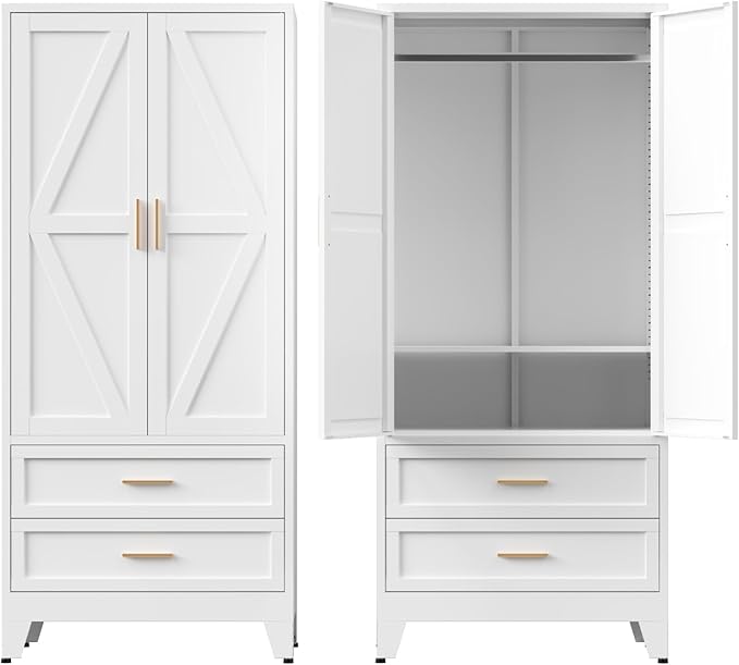 COFaR Metal Armoire Wardrobe Closet with Drawers, 71'' Tall Farmhouse Bedroom Armoires with Doors, Freestanding Steel Wardrobe Cabinet Coat Closet for Bedroom Home Office Garage, White
