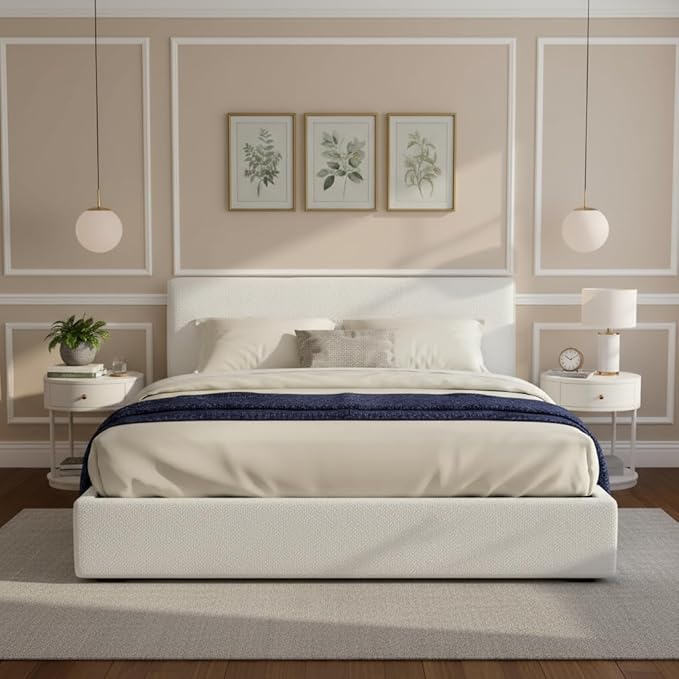 Christopher Knight Home Jamaiya Boucle Upholstered King Size Bed Frame with Wingback Headboard, Modern King Bed Frame and Headboard, Wooden Slats Support, Easy Assembly, No Box Spring Needed, White