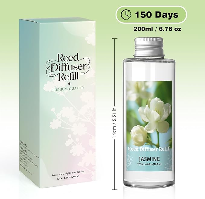 SCENTORINI Reed Diffuser Oil Refill, Jasmine Diffuser Oil 6.76 Fl Oz, Natural Scented Essential Oil Refill Long Lasting Summer Home Fragrance for Room Spa Aromatherapy Bathroom Home Decor