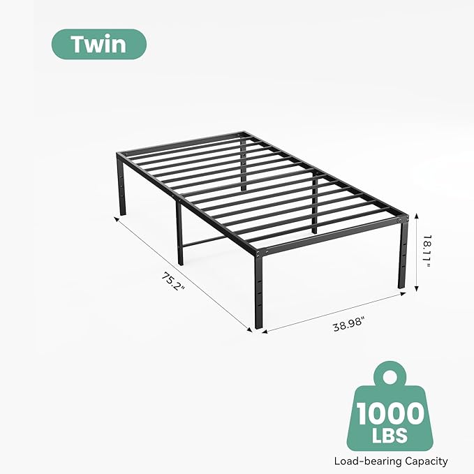 Sweetcrispy Twin Size 18 Inch Platform Bed Frame, Heavy Duty Metal Foundation Frame, Noise-Free Sturdy Steel Slats, Underbed Storage, No Box Spring Needed, Quick Setup