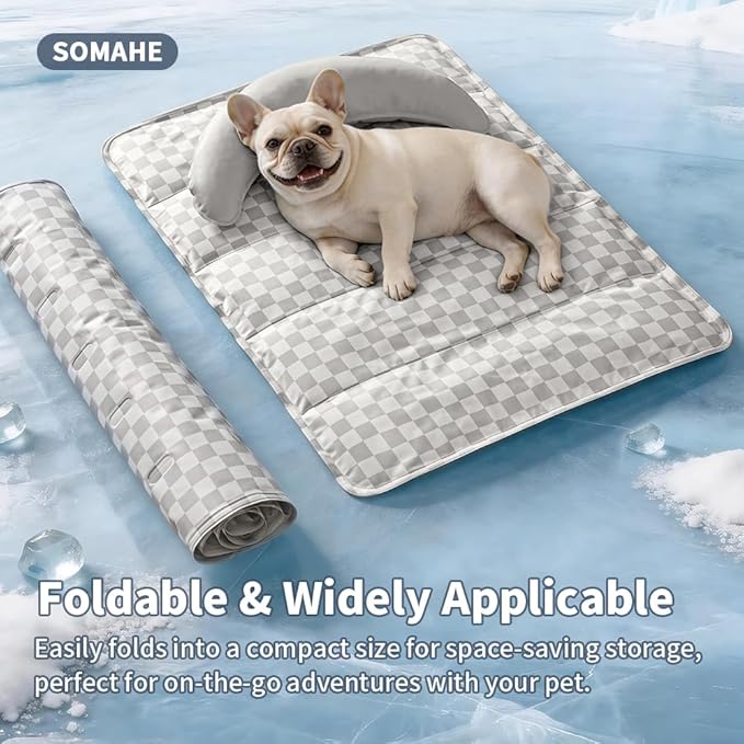 SOMAHE Pet Cooling Mats Pad for Dogs, Portable Summer Self-Cooling Mat with Removable Crescent Pillow for Small Dogs & Cats (Q-Max>0.5), Non-Toxic, All-Day Cooling, 27 x 20 Inches Grey