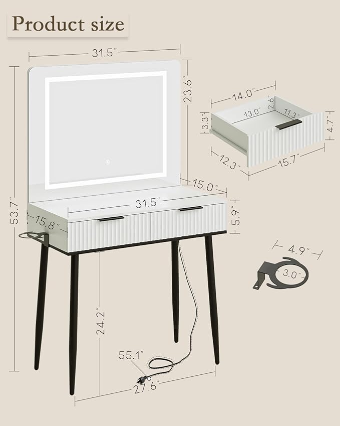 Vanity Desk with Large Mirror and Lights, Small Makeup Vanity Table with 2 Drawers, Dressing Table with 3 Adjustable Lighting Color, Small Makeup Desk for Bedroom, White with Black Leg