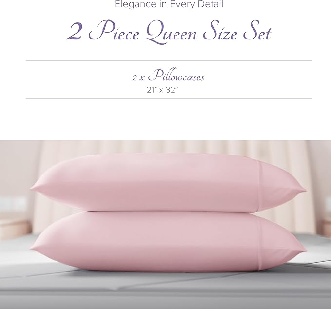 Carressa Linen 100% Egyptian Cotton Pillow Cases Queen Size Set of 2 - Luxury 600 Series Hydrangeas Collection Queen Size Pillowcases (Blush), Cooling Sateen Weave Hotel Quality Bed Pillow Cover