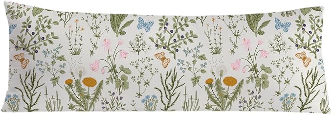 Vintage Floral Botanical 20x54 Body Pillow Cover, Cottagecore Room Decor, Rustic Cottagecore Wildflower Plant Decorative Long Body Pillow Cases for Bed Couch