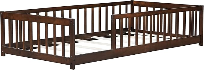 Bellemave Twin Floor Bed with Slats and Safety Guardrails, Twin Size Montessori Floor Bed with Fence and Without Door, Easy Assemble Montessori Beds Frame for Girls, Boys, Pink Espresso