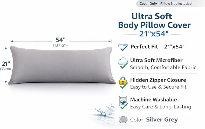EVOLIVE Body Pillow Cover 21"x54", Ultra Soft Microfiber Pillowcase with Hidden Zipper, Breathable, Machine Washable, for Pregnancy & Side Sleepers, Cover Only (21"x54" Body Pillow Cover, Silver Grey)