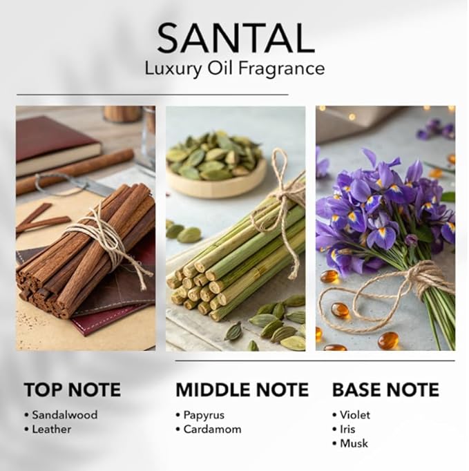 Santal Diffuser Oil, 6.7 FL Oz, 200 mL Diffuser Fragrance Oil for Home, Bathroom & Office, Aromatherapy Blend of Natural Essential Oil, Sandalwood & Musk Scent.