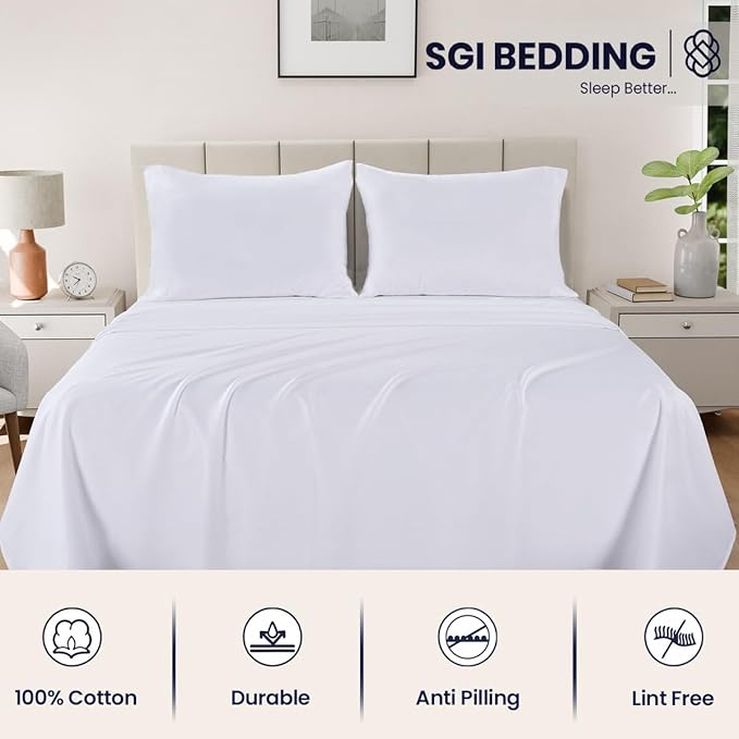 SGI bedding Queen Sheet Set – 100% Egyptian Cotton Sheets for Queen Size Bed, 600 Thread Count Sateen Weave, Cooling & Breathable, 15" Deep Pocket, Hotel Luxury Soft Bed Sheets Set, White