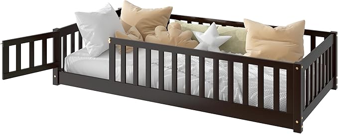 Bellemave Montessori Twin Floor Bed Frame with Fence and Removable Door, Low Profile Twin Size Montessori Bed Frame for Kids, Solid Wooden Floor Beds with Slats for Bedroom,Nursery, Espresso