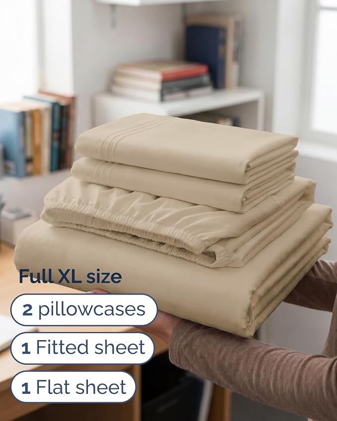 Full XL Bed Sheet - 4 Piece Full XL Bed Sheets Set - Ultra-Soft, Comfy, Breathable & Cooling - Hotel Luxury Bedding for Women & Men with Deep Pockets - Wrinkle Free & Fade Resistant - Oeko-Tex - Cream