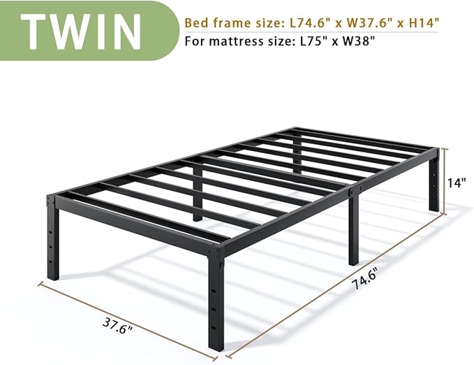 LUMUNANCE Metal Bed Frame Twin Size - 14 Inch Heavy-Duty Twin Platform Bed Frame No Box Spring Needed, Easy Assembly, Noise-Free, Sturdy Mattress Foundation, Underbed Storage Space