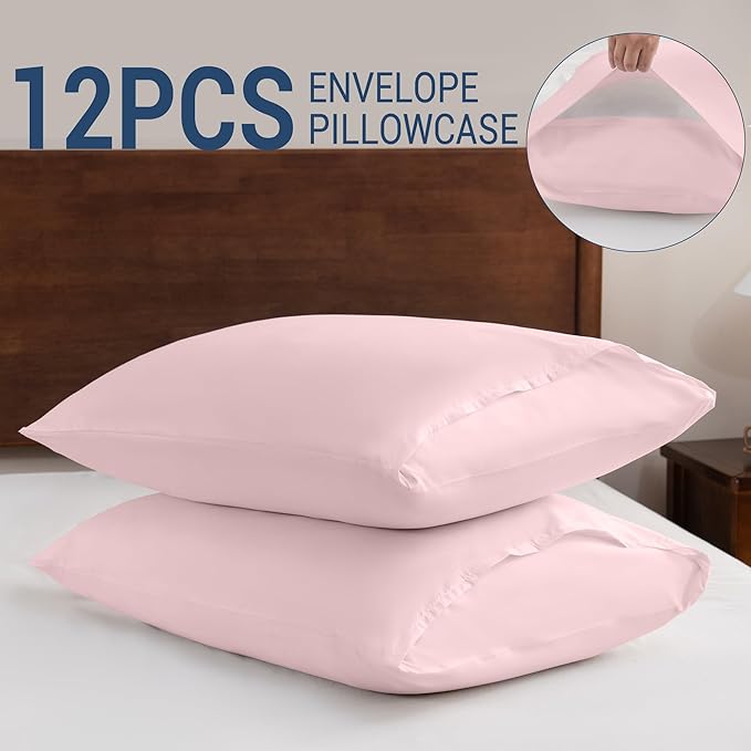 Pillowcases King 12 Pack, 20x36 Pillow Cases with Envelope Closure, Soft Plain Brushed Microfiber Covers Breathable Wrinkle-Resistant, Pink