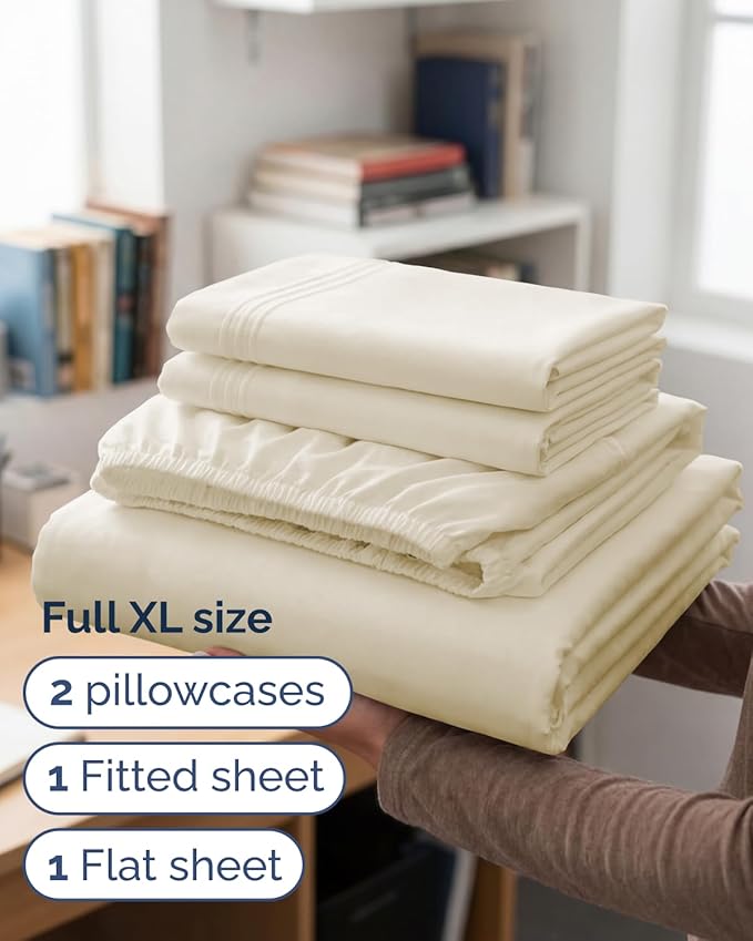 Full XL Bed Sheet - 4 Piece Full XL Bed Sheets Set - Ultra-Soft, Breathable & Cooling - Hotel Luxury Bedding for Women & Men with Deep Pockets - Wrinkle Free & Fade Resistant - Oeko-Tex - Off White